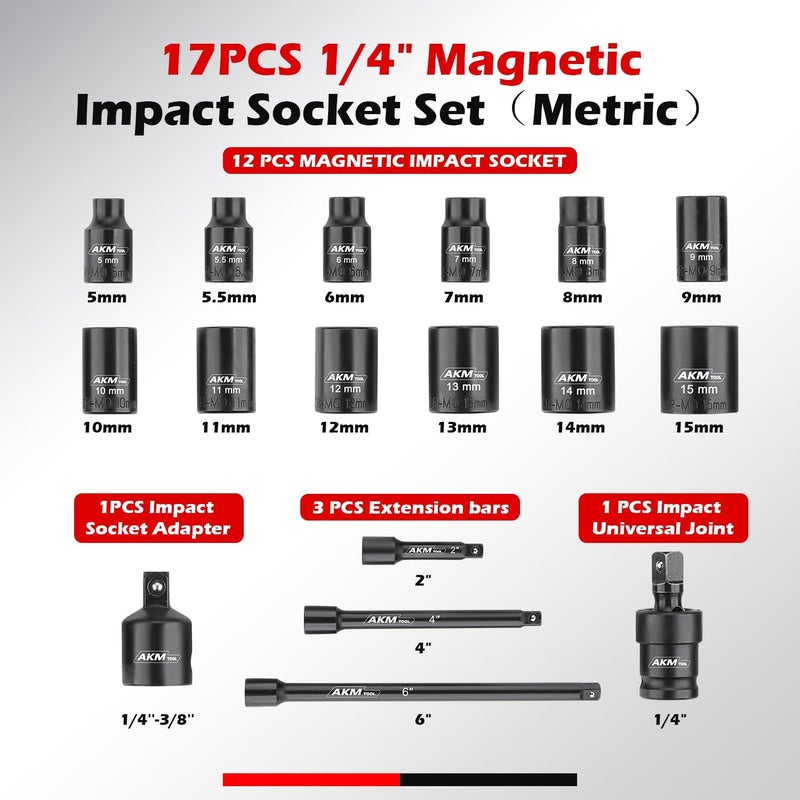 AKM TOOL 1/4 Inch Drive Magnetic Impact Socket Set, 17-Piece Metric, 5mm-15mm, 6 Point, Cr-Mo, Square Drive, Magnetic Socket with Adapter, Universal Joint & Extension - Image 2